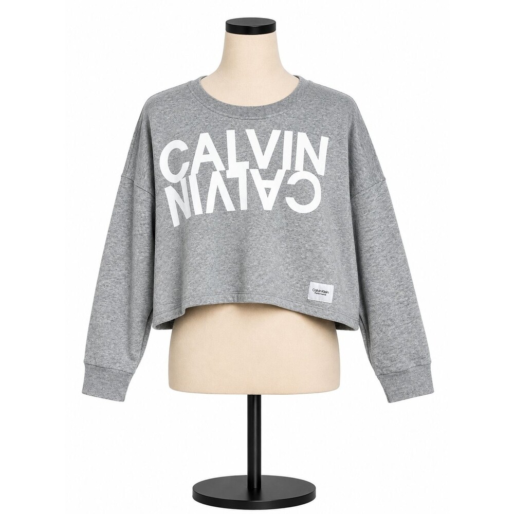 Calvin Klein Womens Cropped Sweatshirt Size XL Gray Logo Pullover Cotton Crew